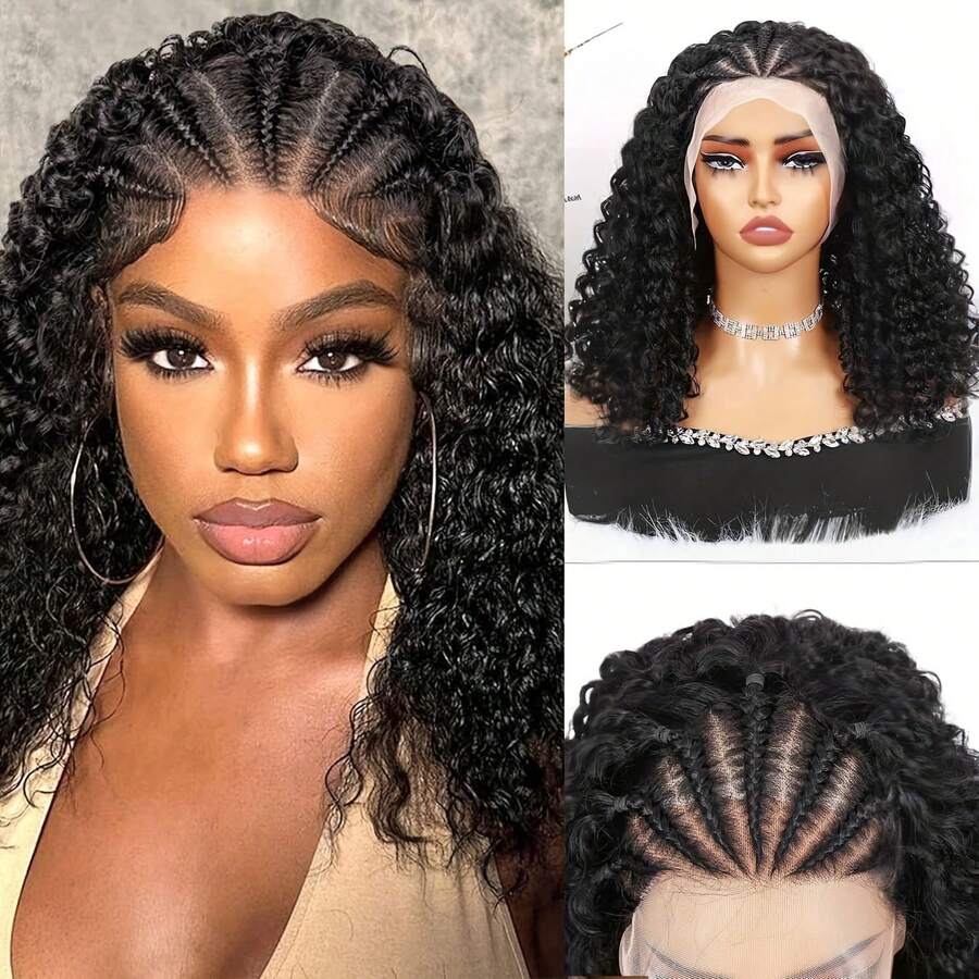 Tóc giả xoăn Lucking Hair làm từ tóc người, kiểu ren phía trước 13x4, tóc giả nửa tết sát da đầu và nửa tết sâu, đã được tỉa sẵn và tạo kiểu, dành cho phụ nữ da đen, mật độ 180, dài 16 inch.