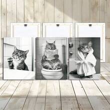 1/3pcs Modern Minimalist Abstract Art Prints, Black & White Cat Brushing Teeth, Using Toilet, Wearing Bathrobe Canvas Poster, Suitable For Bedroom, Living Room, Bathroom, Kitchen, Office Decor, Framed/Unframed Wall Art - Multicolor - View 10