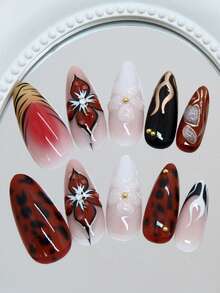 24片杏仁形美甲贴纸，复古优雅花卉豹纹美甲图案，简约甜美时尚，可重复使用，适合女性日常生活、节日、派对和聚会。 - 彩色 - 查看 3