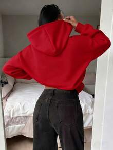 女士简约宽松长款纯色卫衣，秋冬季舒适百搭，衣橱必备基础款，适合日常、办公、休闲穿着，显瘦休闲上衣，柔软舒适，度假必备，女士春冬服装，女士外套，时尚女士卫衣，红色 - 紅色 - 查看 2