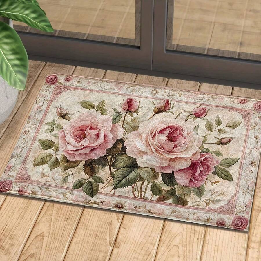 Vintage Pink Floral Pattern Non-Slip Bath Mat - Imitation Material Rectangular Floor Mat, Absorbent And Non-Slip, Suitable For Bedroom, Bathroom, Toilet, Kitchen Entrance, Etc. Home Decoration, Four Seasons Universal Mode, Not Only Is Suitable For The Festival Of Non-Slip Floor Mats, But Also As A Housewarming Gift Wedding Gift To Friends And Family As Well As Their Own Home, Rectangular Entrance Carpet For Indoor/Outdoor Use, Non Slip Backing, Bathroom Mat, Interior Decorative Door Mat, Decorative Floor Mat For Porch/Garden/Terrace, Suitable For Homes, Gardens, And Living Spaces, Ideal Gift For Loved Ones, Enhances Entryway, Living Room, Kitchen Decor, Valentines, Christmas Day, Halloween, Thanksgiving Day, Easter Day, Mother's Day, Father's Day, Back To School Season Decorations - Kiểu 1 - Xem 1