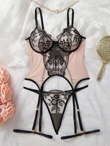 4件套女士性感内衣套装，花卉蕾丝网纱刺绣镂空吊袜带文胸束身衣丁字裤腿吊袜带内衣套装 - 彩色 - 查看 10