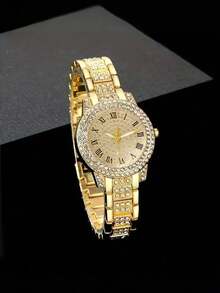 1件女士圆形时尚休闲水晶罗马数字石英表，适合作为派对、婚礼、海滩度假、情人节和其他场合的礼物 - 銀色 - 查看 2