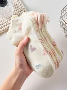 5 đôi tất cổ ngắn họa tiết trái tim dành cho nữ, màu trắng hoặc hồng, tất thoải mái, không lộ cổ chân, kiểu dáng học sinh, màu ngẫu nhiên, phù hợp cho mặc hàng ngày và đi chơi, mọi mùa. - Nhiều màu - Xem 4