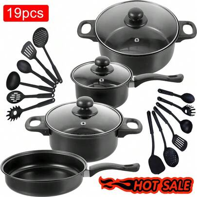 19pcs Cookware Set Pan Pot Non Stick Saucepans Frying Pan Cookware Set Glass Lid- Versatile Pots And Pans For Everyday Cooking, Includes Frying Pan, Skillet, Saucepan, And Tongs, Durable & Easy-To-Clean