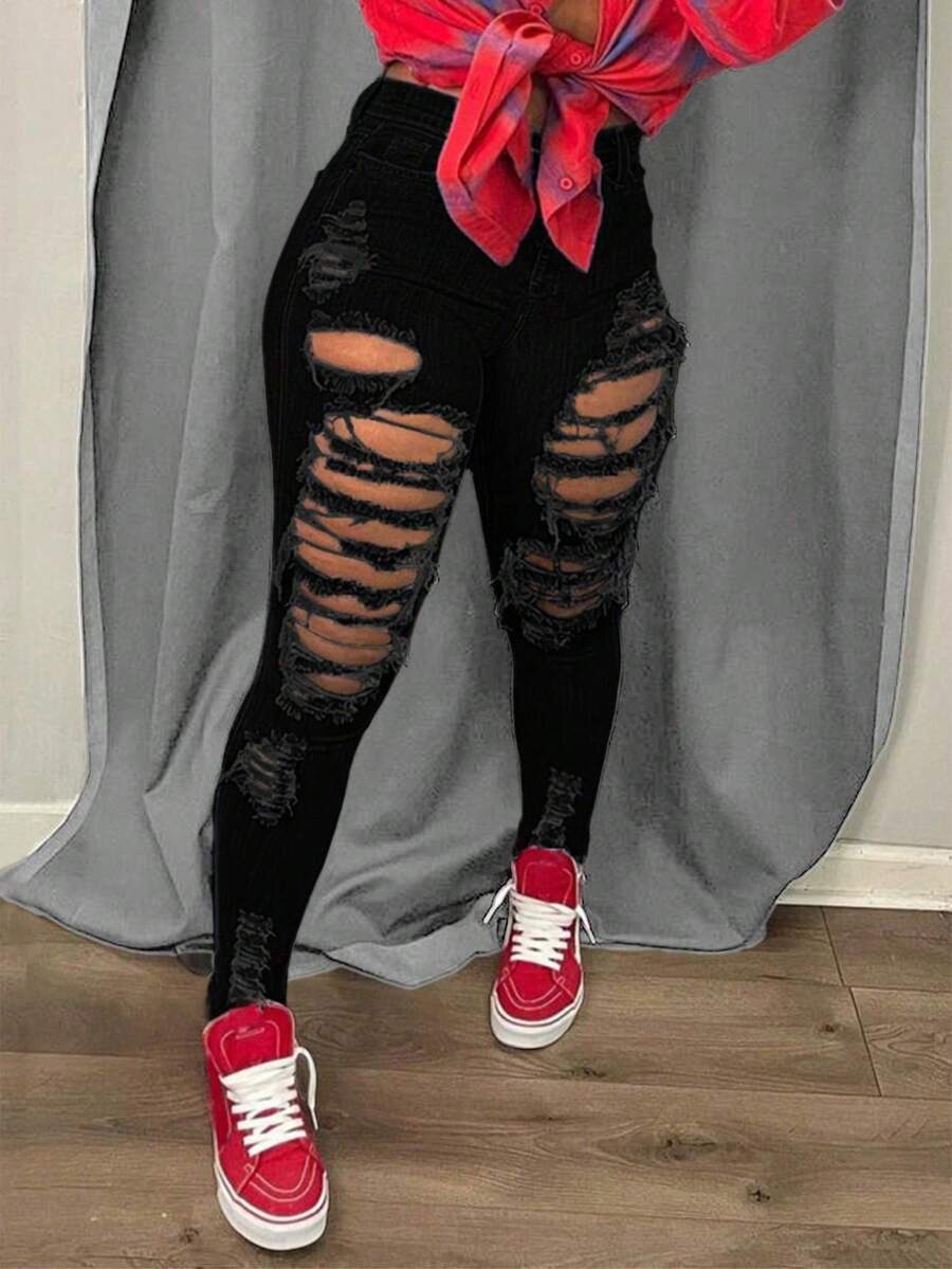 Sexy Skinny Ripped Jeans, Fashionable American Street Hot , Slim Hips, Comfortable And Elastic, Street Style Feet Pants, Trousers. - 黑色 - 查看 1