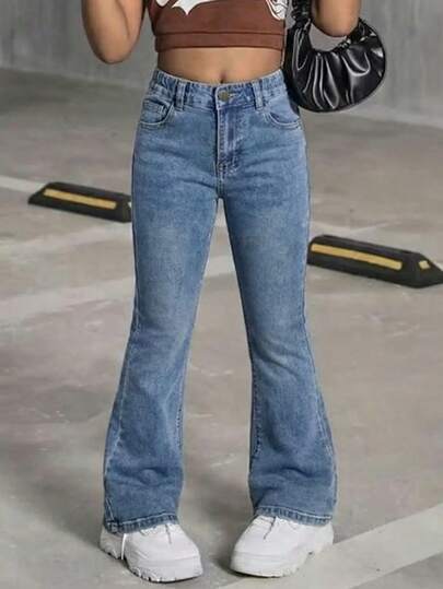 Tween Girls' Solid Color Pocket Versatile Flare Leg Jeans
