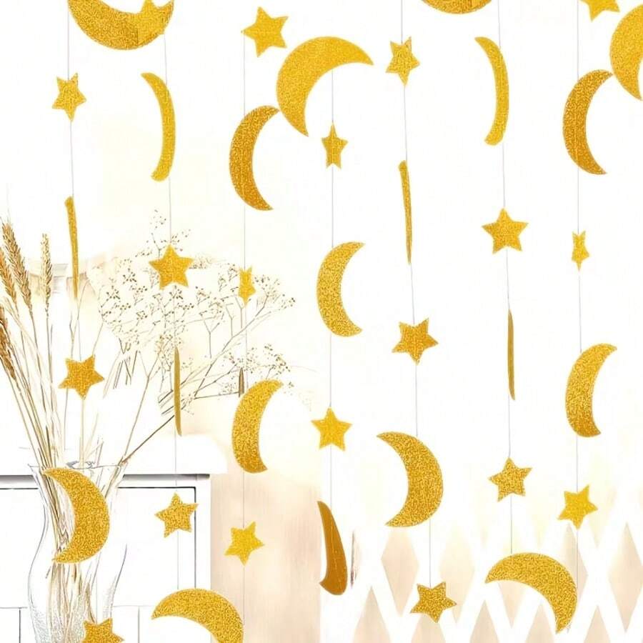 Goldener Glitzer Stern und Mond Hängedekoration, 3D Glitzer Wandvorhang, Glitzer Stern und Mond Hängeseil Girlande - Goldene Glitzer Hängedekoration, Hängeseil Dekoration, Multifunktionale goldene Stern und Mond Hängevorhangs Dekoration (geeignet für Zuhause, Partys, Hochzeiten und Büroevents) - Einfach zu installierende Wandhängedekoration (kompatibel mit Hintergrundwänden, Fenstern) - Verschiedenfarbig - Übersicht 1