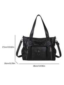 Bolso de hombro de gran capacidad para mujer de unicolor, bolso de mujer de gran capacidad con textura de moda, bolso de mano grande, bolso bandolera personalizado para mujer, adecuado para uso diario y universidad, adecuado para salir, compras, regalos, viajes, ir y venir - Negro - Ver 5