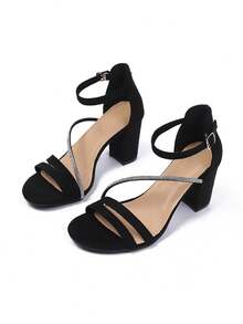 2026 Summer New Fashion Versatile Elegant Rhinestone Embellished Chunky Heel Strap Sandals, Suitable For Office And Commute - Black - View 7