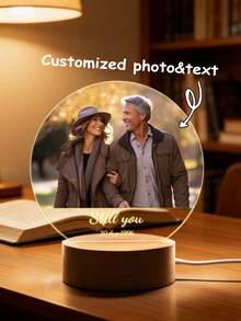 1pc Customized Photo & Text Acrylic LED Night Light, Small Photo Lamp, Suitable For Women, Men, Couples, Family, Friends, Boyfriend, Girlfriend, Customizable For Holidays And Anniversaries, Includes Acrylic LED Light Board Stand And Round Light Base, Excellent Creative Surprise Gift - Round Wooden Base - View 2
