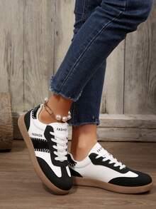 Zapatos deportivos casuales para mujer, diseño de patchwork con cordones para el hogar, uso diario, correr, entrenamiento físico - Negro - Ver 4