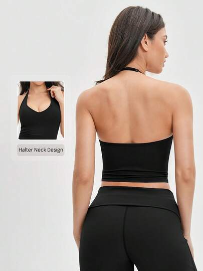 NcmRyu 1 Set Women's Solid Color Halter Neck Camisole & Wide Leg Pants Sports Suit