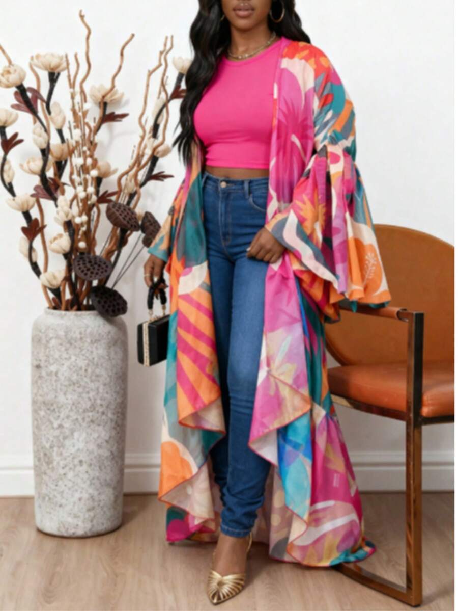 Plus Size Women's Chiffon Shawl, Long Sleeve Jacket, Woven Fabric, Machine Washable, Asymmetrical Hem, Suitable For Beach, Outdoor, Valentine's Day Pink Spring - Pink - View 1