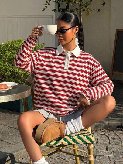 Women's Striped Print Polo Collar Sweatshirt, Casual Long Sleeve Drop Shoulder Pullover Top, Preppy Style Fall/Winter Outfits,Y2K Vintage Striped Rugby Shirt, Oversized Colorblock Polo Neck Tee, 90s Retro Streetwear Aesthetic Casual Top,Comfy Casual Striped Long Sleeve Polo Top, Sporty Preppy Style Loose Fit Shirt For Daily Life, School & Outdoor