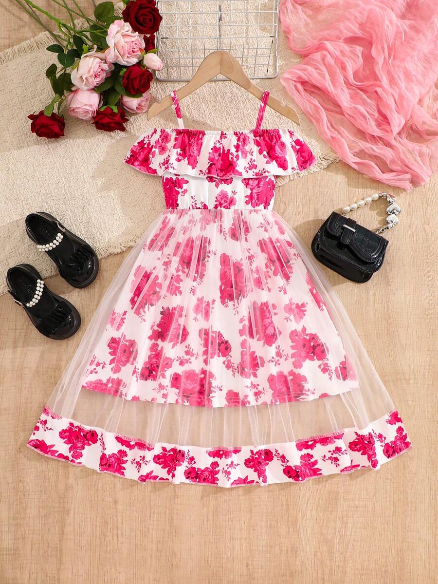 女童玫瑰印花露肩连衣裙，荷叶边下摆，休闲时尚网纱裙，夏季 - 玫紅色 - 查看 1