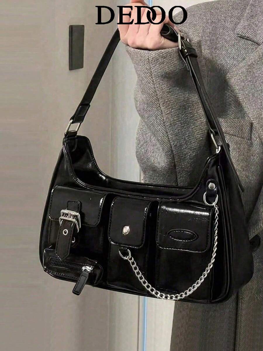 Dedoo Women's Solid Color 2025 New Shoulder Bag, Solid Color Large Capacity Multi-Pocket Retro Y2K Long Shoulder Bag, Can Be Carried Under The Armpit, Hippie Fashion Shoulder Bag, Suitable For Cool Girl Handbag And Wallet - Black - View 1