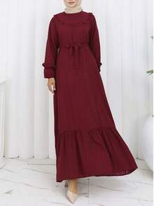Women's Elegant Casual Solid Color Ruffle Trim Patchwork Lantern Sleeve Dress With Tie Waist, Loose Fit Long Dress For Holiday, Wedding, Daily Wear, Red Spring - Burgundy - View 4
