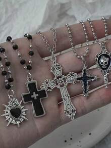 Bộ dây chuyền mặt dây chuyền hình thánh giá và đầu lâu tình yêu phong cách Gothic tối màu, dây chuyền hạt đen hình thánh giá gai nhọn cá nhân hóa theo phong cách Y2K, phù hợp. - màu đen - Xem 11
