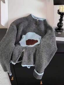 女士宽松短款毛衣，休闲舒适花卉印花拼色针织上衣，秋冬 - 灰色 - 查看 1