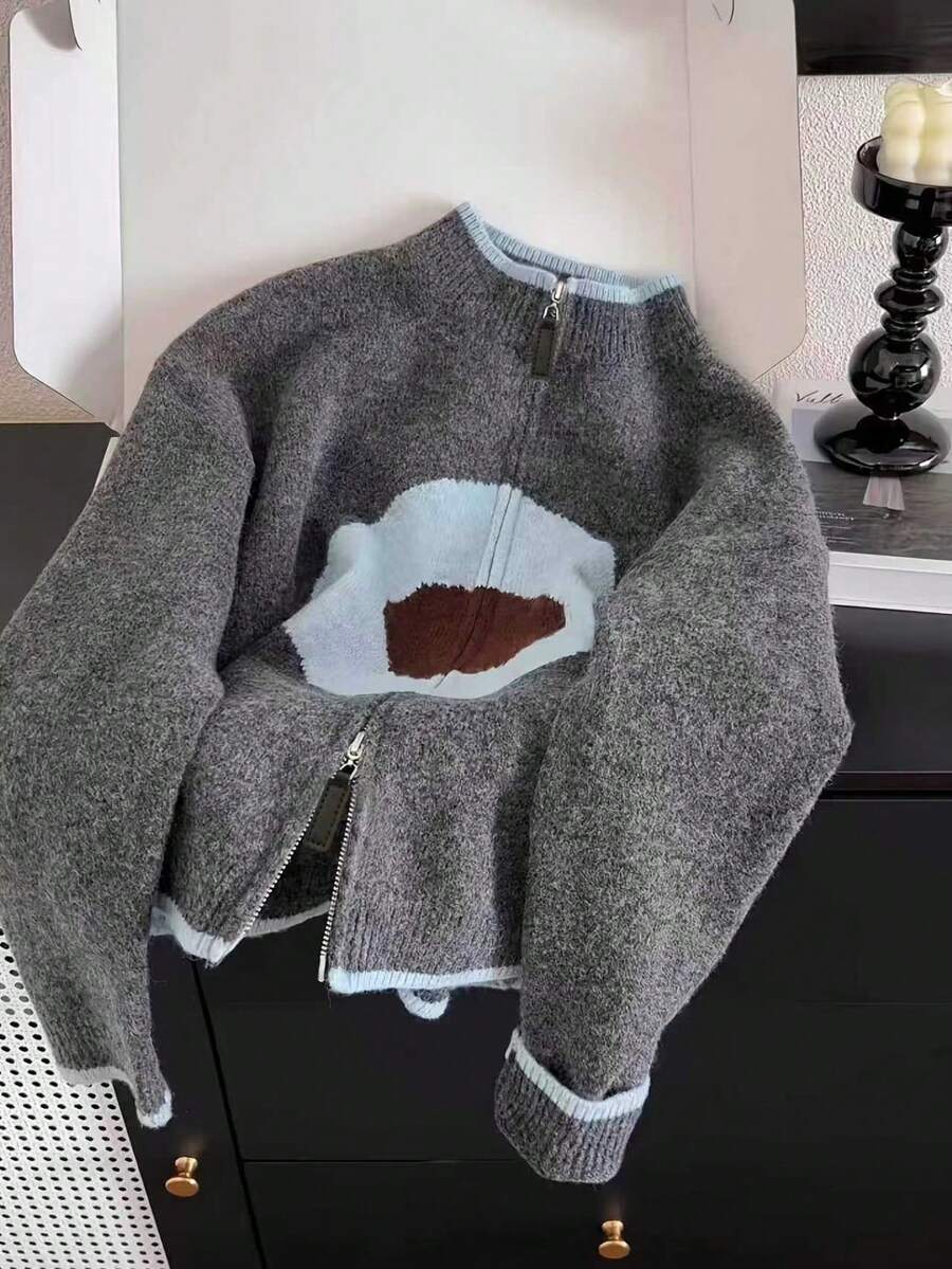 女士宽松短款毛衣，休闲舒适花卉印花拼色针织上衣，秋冬 - 灰色 - 查看 1