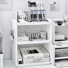 1pc Ins Style Hollow Double-Layer Desktop Storage Rack, Pegboard Hooks Pen Holder Organizer - White - View 2
