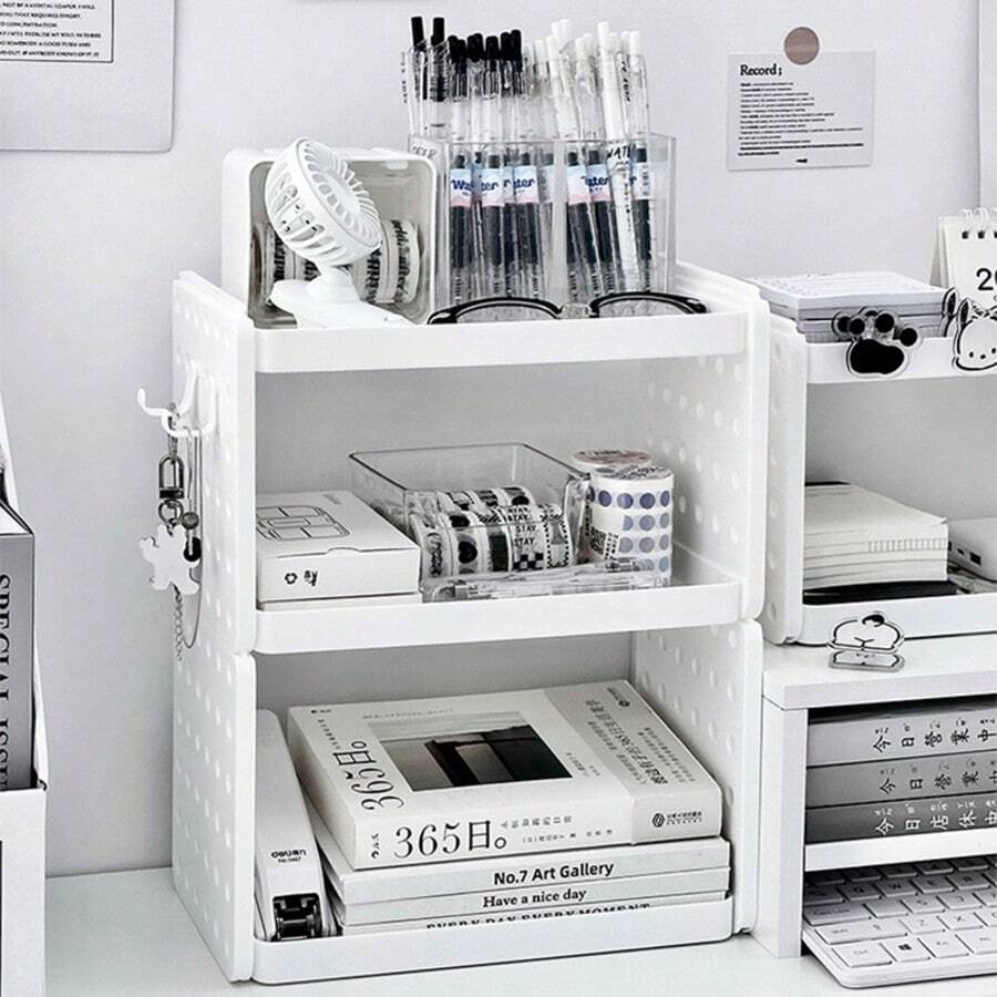 1pc Ins Style Hollow Double-Layer Desktop Storage Rack, Pegboard Hooks Pen Holder Organizer