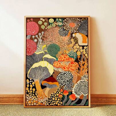 1pc Yayoi Kusama Style Mushroom Canvas Wall Art - Modern Abstract Botanical Wall Decor, Vibrant Colors, Suitable For Living Room, Bedroom, Office Or Kitchen, Mushroom Decor Gift, Frame Optional