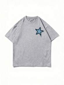 Men's Fashionable Loose Star & English Print Breathable Cotton Crew Neck Short Sleeve T-Shirt, Summer - Grey - View 6