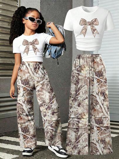 Young Girl Bow Print Short Sleeve T-Shirt And Branch Print Pants Casual Outfit