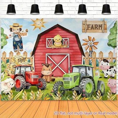 2D 平面农场场景背景横幅，1 件套，包含谷仓、拖拉机、动物和骷髅图案。高清印刷涤纶材质，适用于直播、生日、周年庆典、派对策划等场合。高品质印刷，乡村风格装饰，活动装饰。