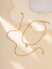 Nooxian 2pcs/Set Heart Micro-Inlaid Cubic Zirconia Layered Anklet, Minimalist Women Foot Jewelry Gift - Yellow Gold - View 4