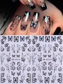 2PCS Black Flower Vine Designs Nail Stickers DIY Elegant Floral Butterfly Acrylic Nail Art Designs Self Adhesive Decals Manicure Nail Art Decoration Accessories For Women Girl - 黑色 - 查看 4