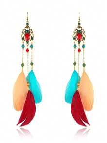 1 Pair Bohemian Colorful Feather Earrings, Handmade Crystal Chain Long Earrings, Suitable For Hanfu, Travel, Photography, Holiday Gifts - Dreamcatcher Series - View 10