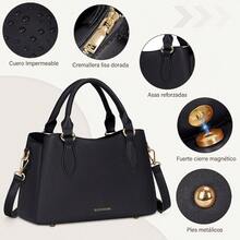 WEWI RAINSMORE Bolsas de Mujer PU Impermeable Bolsa de Mano Bolsa Tote Mujer con Bandolera Ajustable Bolso Crossbody Hombro para Trabajo Casual Citas Negro - como en la foto - Ver 3