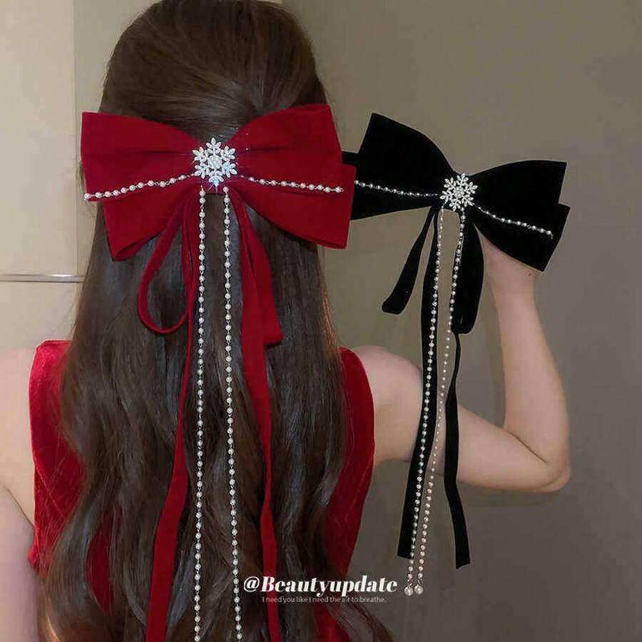 赤い大きなリボン人工真珠のヘアピンブライダルタッセルスプリングクリップニッチファッションハイエンドヘアアクセサリー - スノーフレークロングタッセルパールペンダントリボン - ブラック - チェックする 1