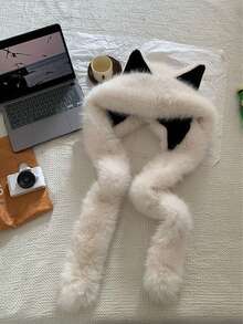 1pc Stylish Fox Ear Hooded Scarf Set, Women Winter Warm Windproof Trapper Hat Ski Cap - White Scarf and Fox Hat - View 5
