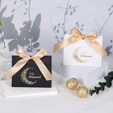 10Pcs Eid Mubarak Star Moon Gift Box Black White Gold Foil Pattern Paper Candy Box With Satin Ribbon Bow Islamic Festival Party Favor Packaging Box - Wave Cover - View 5