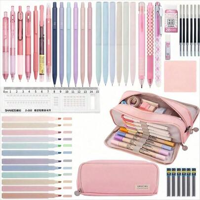 Large-Capacity Pencil Case,Gel Pen Set,Multiple Styles Available,6PCS Black Gel Pen, 6PCS Morandi 0.5mm Colored Pen, 12PCS Gradient Highlighter Pen, Cute Pens And Pencil Cases,Sticky Notes, Eraser Ruler Set, Cute Office School Supplies