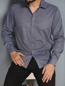 Men's Slim Fit Long-Sleeved Dress Shirt - 深灰色 - 查看 5