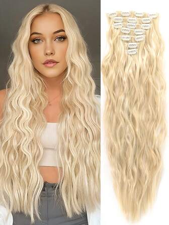 Extensiones de cabello ondulado con clip de 18 a 30 pulgadas de largo, set de 7 piezas, piezas de cabello talla grande gruesas, diseño de clip invisible, fibra sintética suave, color negro, para mujeres