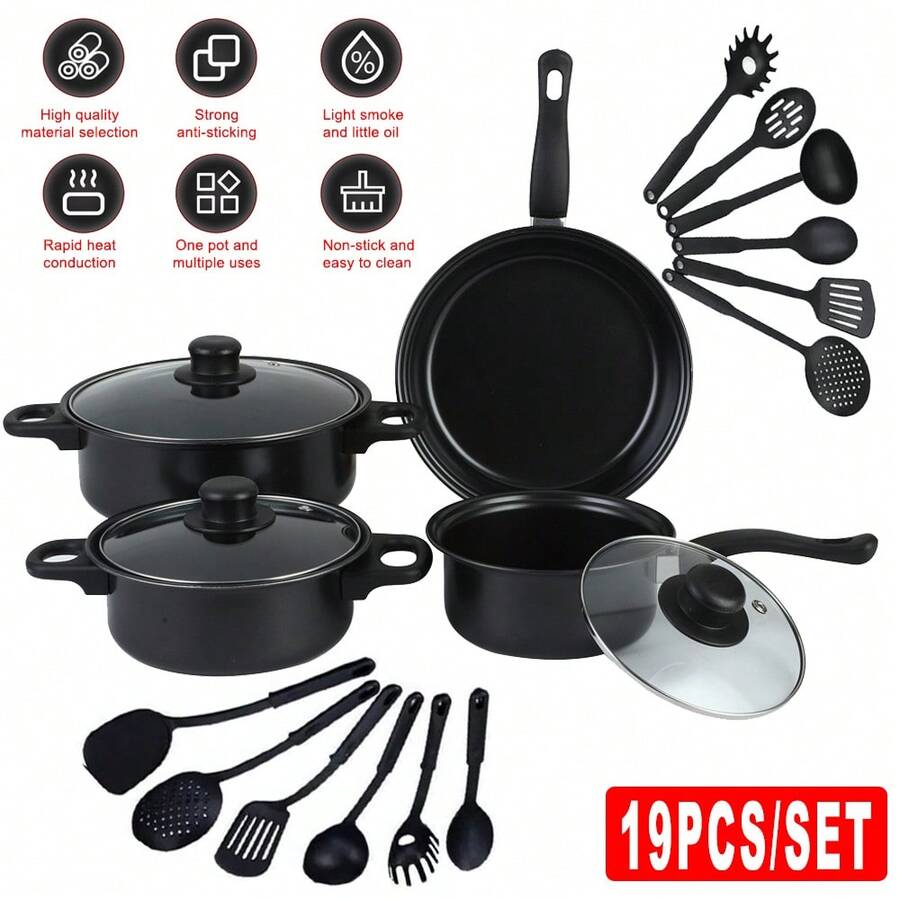 19pcs  Non-Stick Cookware Set With Medical Stone Coating - Induction Compatible Cookware Kit, Glass Lid Pots & Pans, Durable & Easy-To-Clean Surface For All Stovetops, Frying Pan, Skillet, Stockpot & Utensils Bundle - Black - View 1