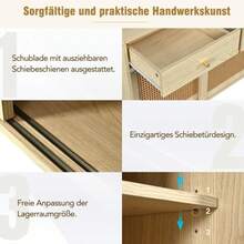 Sideboard, Chest Of Drawers With 3 Drawers And 3 Sliding Doors, Rattan Weave On The Door Fronts, Solid Wood Legs, Gold Metal Bar Handle, Adjustable Shelves, Oak, 120 X 40 X 78 Cm - 自然色 - 查看 10