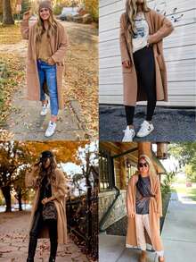 Womens Long Sleeve Maxi Cardigan Open Front Oversized Knitted Sweater Coat Casual Lapel Warm Overcoat With Pockets - Màu be - Xem 4