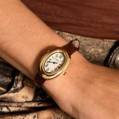 Glisma 1pc Women's Oval Roman Numerals Casual Elegant Quartz Wrist Watch, Suitable For Daily Wear