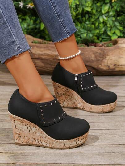 Women's Platform Slip-On Pumps, New Closed Toe High Heel Wedge Shoes, Waterproof, Comfortable