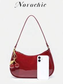 1pc Glossy Lacquered Cherry Ornament, Novelty Hanging Decor, Burgundy Minimalist Women's Shoulder Bag, Zipper Closure, Vintage Style, Underarm Bag, Suitable For Multiple Occasions , Red Bag - 酒紅色 - 查看 6