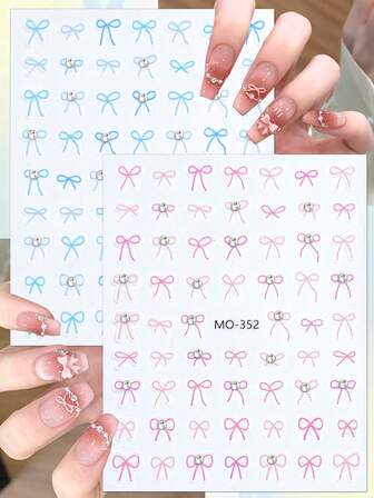 2 ark söta rosettnagelklistermärken 5D blårosa band strass nageldekaler för kawaii gör-det-själv manikyr