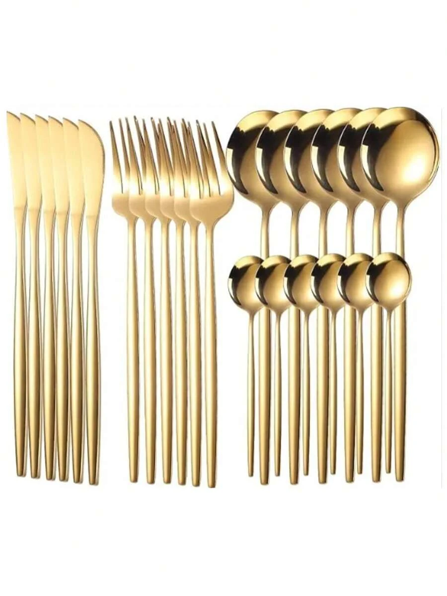 Juego De Cubiertos De 24 Piezas Cuchillo, Tenedor Y Cuchara - Dorado - Ver 1