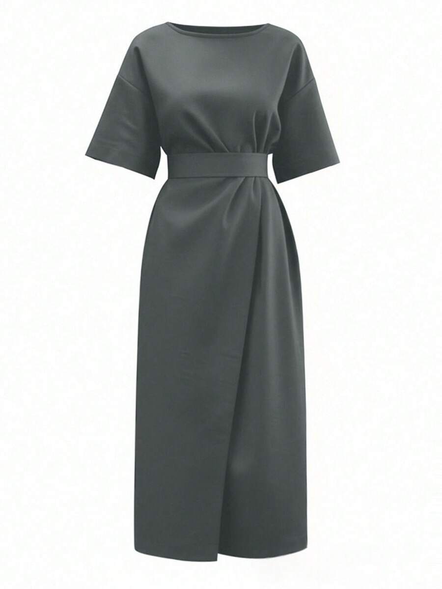 Women's Solid Color Round Neck Short Sleeve Dress, Spring/Summer - Grey - View 1